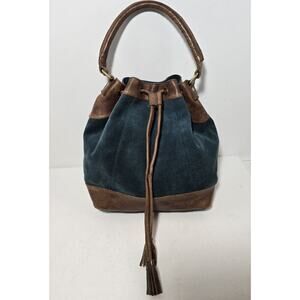 Anabaglish Suede/Leather Drawstring Hobo Shoulder Bag Purse Teal with Brown Trim